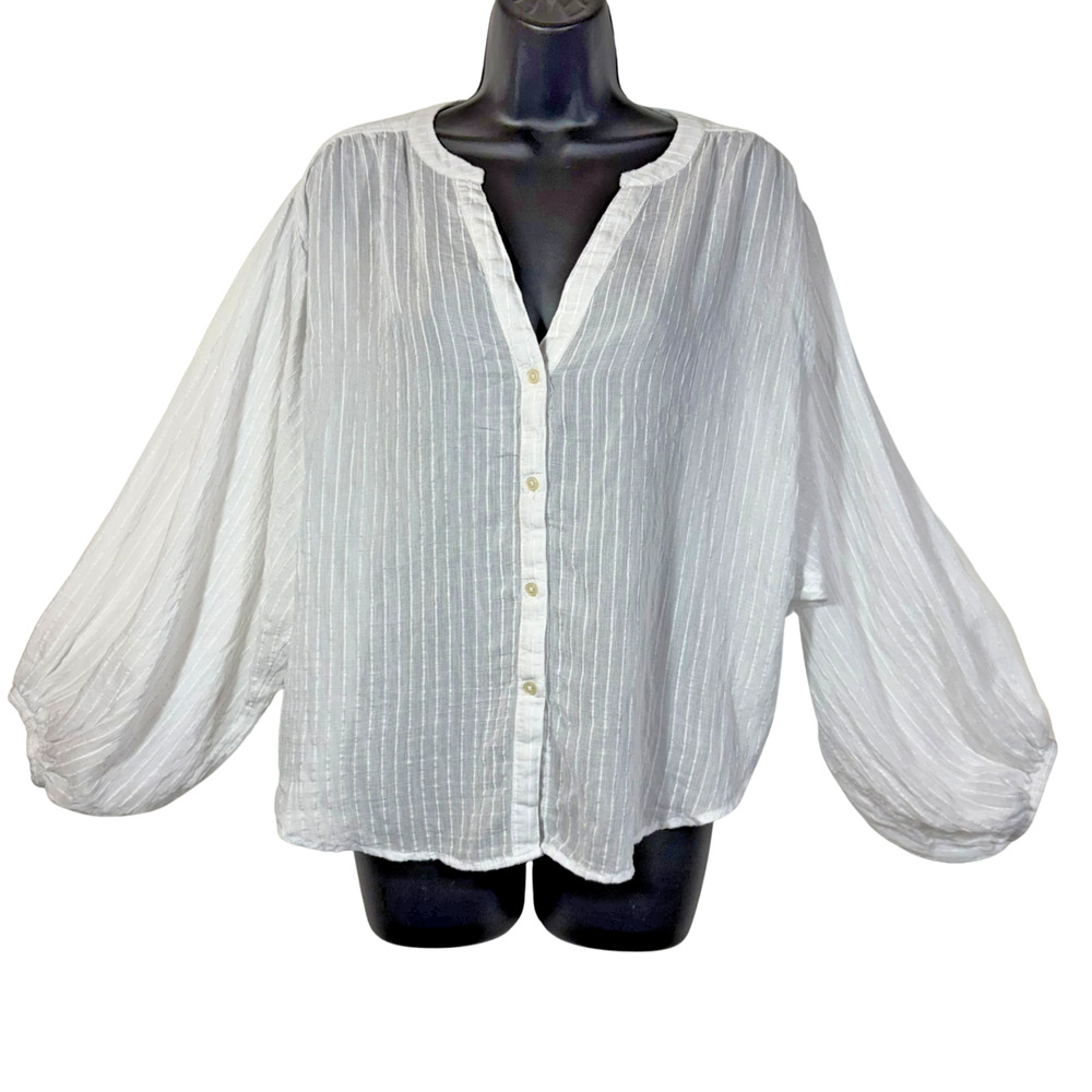 LOFT White Stripe Blouse Semi-Sheer Button Top V-Neck Long Puff Sleeve Small